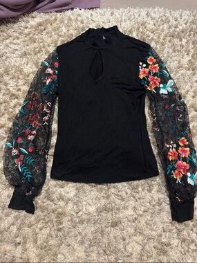 Black Mock Neck Top with Embroidered Sheer Floral Sleeves